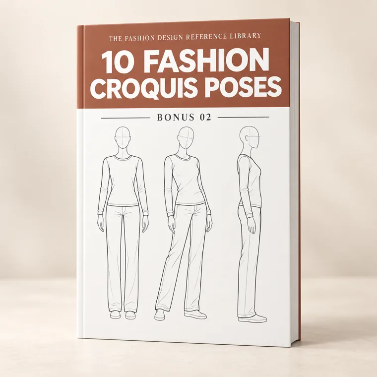 3D book-style mockup of the digital 10 Fashion Croquis Poses collection