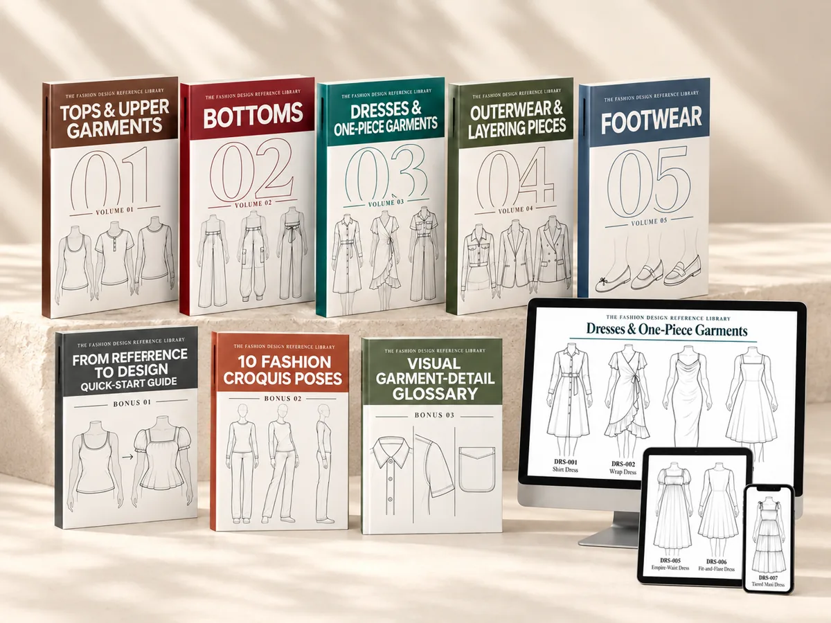 One 3D mockup scene of five digital garment-reference collections, three companion guides, and real illustrated pages displayed on desktop, tablet and phone
